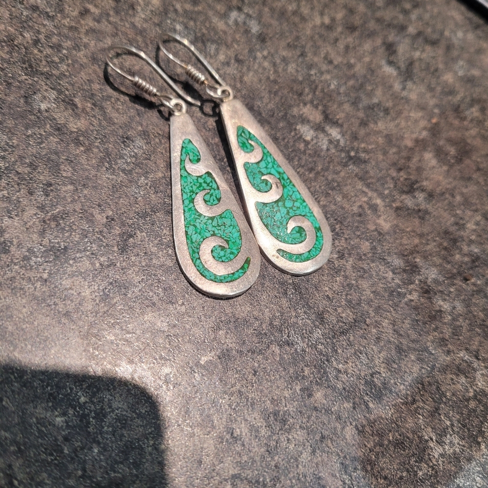 Elegant Silver and Turquoise Swirl Earrings Made In Mexico